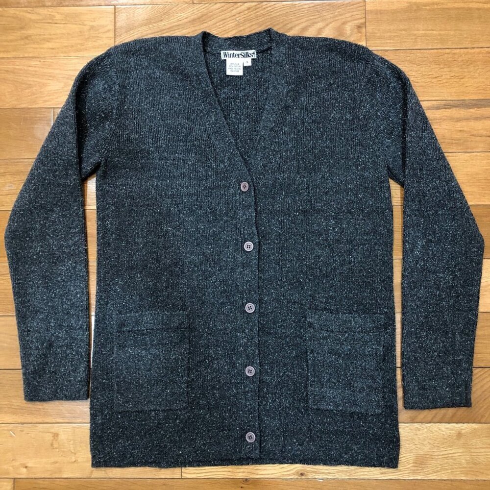 Winter Silks Silk Blend Button Front Gray Tweed Cardigan Size S